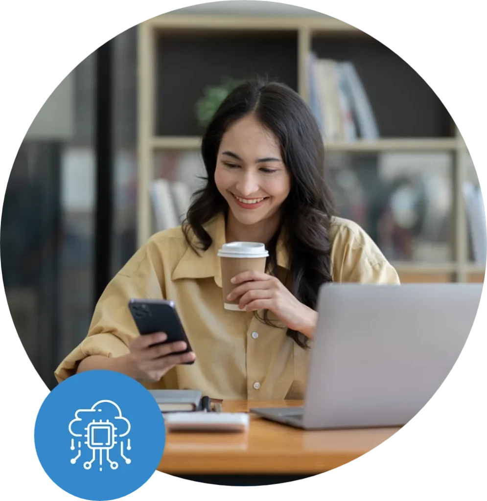 Businesswoman smiling and looking at phone